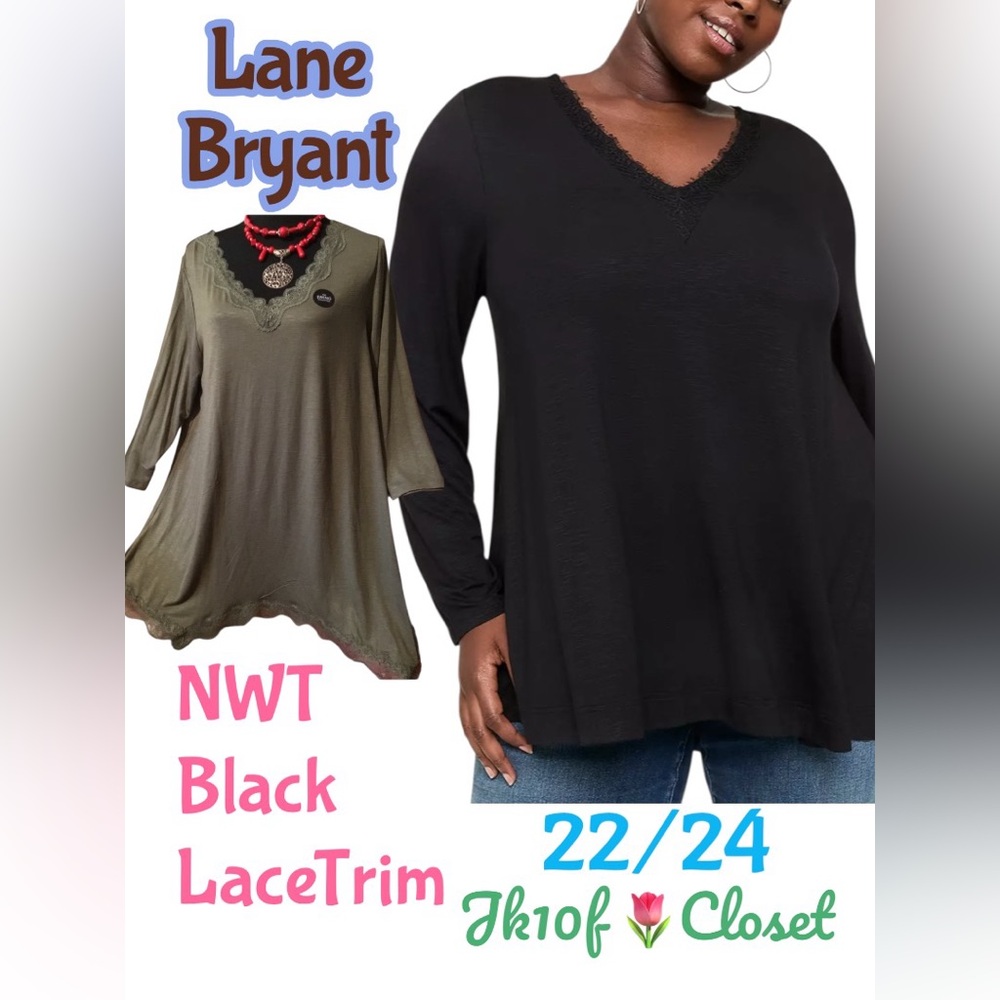 LOWEST🌺 NWT LANE BRYANT Sz22/24 JET BLACK LACE TRIM V-NECK TUNIC TOP